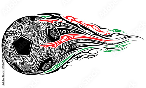 A dynamic soccer ball with vibrant, abstract flame-like trails extending behind it.