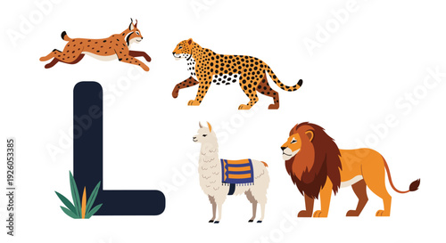 An educational alphabet chart for children with the letter L surrounded by cute cartoon illustrations of a lion llama and leopard.