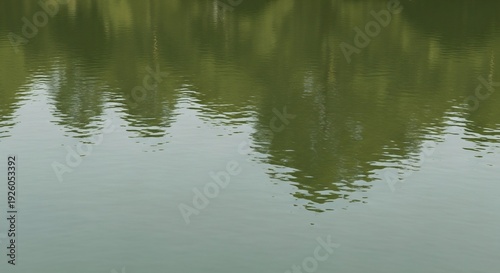 Reflection of Green Trees on Rippling Water Surface.