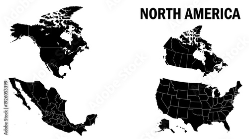 North America Map Collection: Detailed Silhouette Outlines of USA (States), Canada (Provinces), and Mexico (States) for Geography & Design