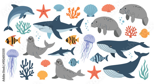 A large collection of cute cartoon sea and ocean animals including sharks whales dolphins seals manatees jellyfish and tropical fish.