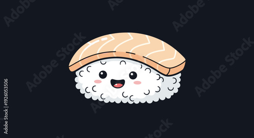 An adorable kawaii salmon nigiri sushi cartoon character with a happy smiling face and rosy cheeks on a solid dark background.