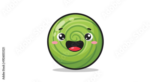 An adorable and happy piece of swirled green wasabi paste as a cute kawaii cartoon character with a big joyful smile.
