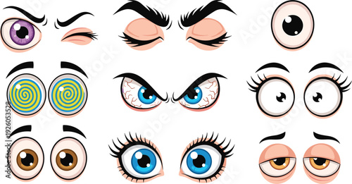 Collection of Cartoon Eye Expressions Including Angry Tired Hypnotized and Happy Gazes for Character Design Animation and Creative Graphic Projects.