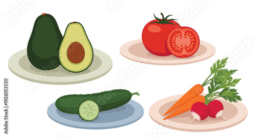 A set of four plates with fresh and healthy raw vegetables and fruits including avocado tomato cucumber carrots and radishes.