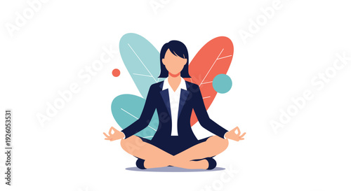 A calm businesswoman in a formal suit is practicing meditation in the lotus yoga pose for stress relief and mindfulness at work.