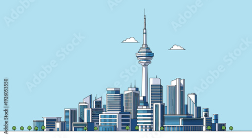 A modern city skyline with numerous skyscrapers and a prominent central communications tower shown in a clean line art style.