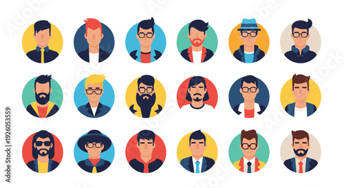 A large collection of circular male avatar icons showing men with different hairstyles beards glasses and fashionable accessories.