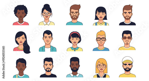 A diverse and multicultural collection of fifteen modern avatar portraits of young men and women with various hairstyles and clothes.
