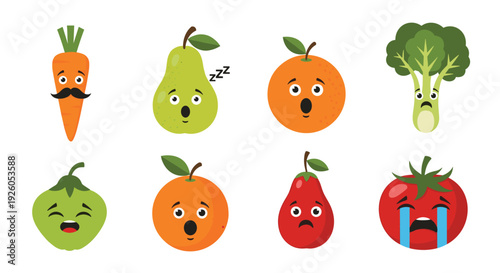 A collection of eight cute fruit and vegetable cartoon characters with expressive faces showing emotions like surprise and sadness.