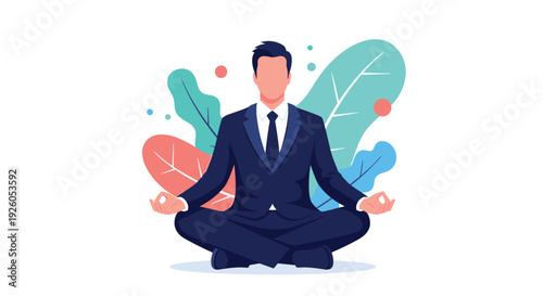 A calm and focused businessman in a dark suit and tie is practicing yoga and meditation in the lotus position for mindfulness.