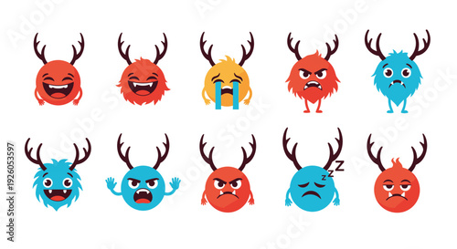 A collection of ten cute and furry monster emoticons with antlers displaying a wide range of different facial expressions and emotions.