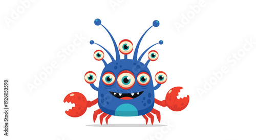 A strange and funny blue monster character with multiple eyes on stalks and big red crab claws is smiling with sharp teeth.