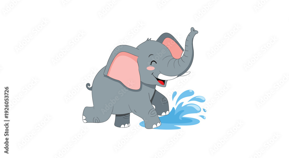 Fototapeta premium Cute and happy baby elephant cartoon character splashing water with its trunk in a playful and cheerful vector illustration.