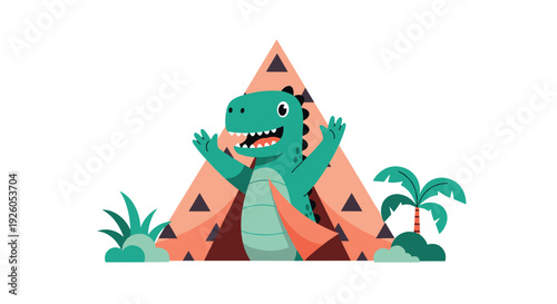 Cute and happy green cartoon dinosaur character wearing a cape emerges from a teepee tent in a prehistoric jungle setting.
