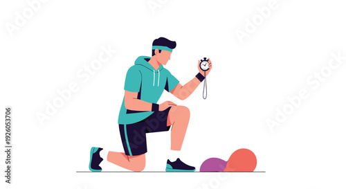 Young athletic man in sportswear checking a stopwatch to time his workout progress in a flat design vector character illustration.