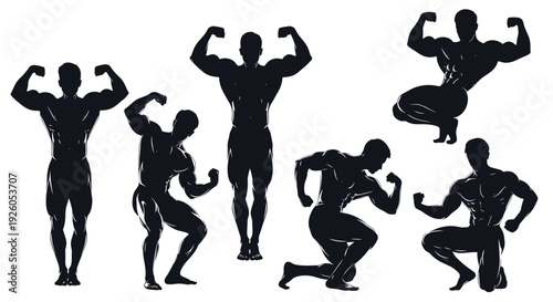 Set of seven detailed black silhouettes of muscular bodybuilders in various dynamic and classic competition poses for fitness art.