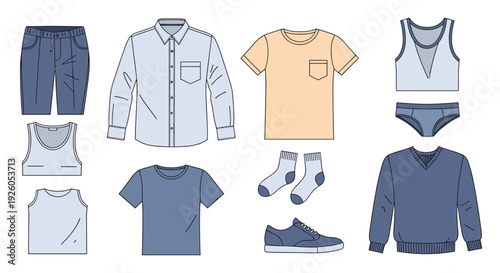 Collection of men's clothing and accessories including a shirt t-shirt jeans sweater shoes and socks in a line art style.