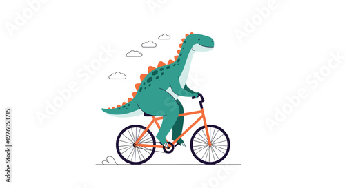 Funny green cartoon dinosaur with orange spikes happily riding an orange bicycle in a simple and whimsical vector illustration.
