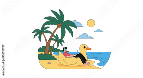 Man working on a laptop while relaxing on a giant inflatable duck at a tropical beach representing a digital nomad lifestyle.