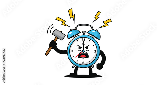 Angry cartoon alarm clock character ringing loudly and trying to smash itself with a hammer to represent waking up stress.