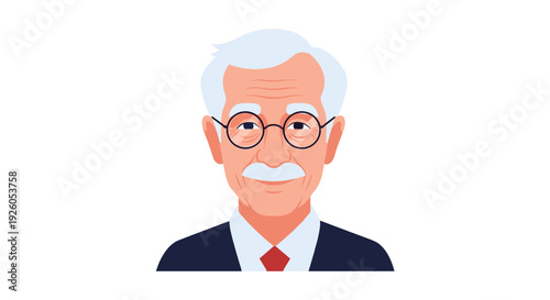 Simple and elegant flat design vector portrait of a kind senior man with a mustache white hair and round glasses.