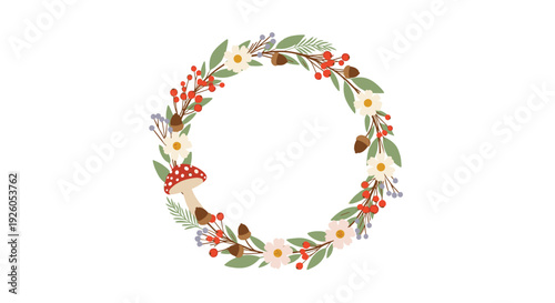 Charming autumn wreath made of forest elements like flowers berries acorns and a toadstool mushroom in a decorative circular frame.