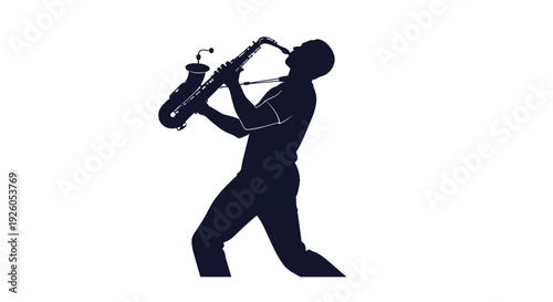 Dark blue silhouette of a passionate musician playing the saxophone in a dynamic pose isolated on a white background vector.