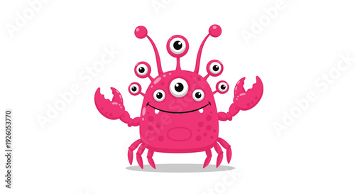 Funny pink crab-like alien monster character with many eyes and antennae smiling happily in a cute cartoon vector design.