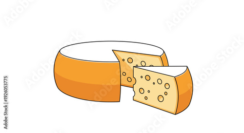 Illustration of a large wheel of cheese with a triangular wedge slice cut out showing the classic holes in a cartoon style.