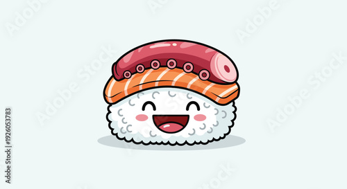 Adorable kawaii nigiri sushi character with salmon and octopus on top smiling happily in a cute Japanese food mascot illustration.