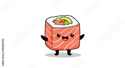 Cute kawaii sushi roll character with salmon and avocado filling smiling and waving in a happy Japanese food vector mascot.