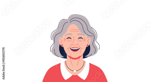 Happy and cheerful elderly woman with short grey hair and a warm friendly laugh in a simple flat design vector portrait.