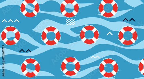 Nautical seamless pattern of red and white lifebuoys floating on stylized blue ocean waves for a summer marine background.
