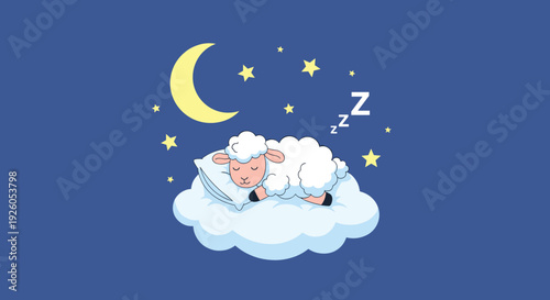 Cute cartoon sheep sleeping peacefully on a fluffy cloud under a starry night sky with a crescent moon and ZZZ text.