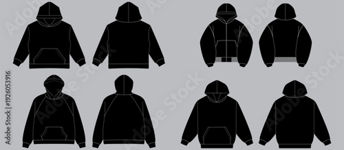 Black Boxy Hoodie Mockup Template Streetwear Oversized Hoodie Vector Flat Technical Illustration Boxy Hoodie Fashion Design Template Vector CAD Boxy Hoodie Mock-up