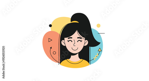 A cheerful young woman with a high ponytail smiles in a modern flat illustration surrounded by colorful abstract geometric shapes.
