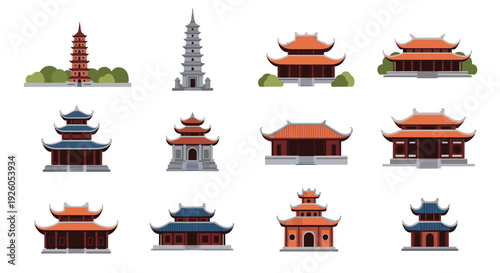 An impressive collection of traditional Asian architecture including various pagodas temples and shrines illustrated in a clean flat vector style.