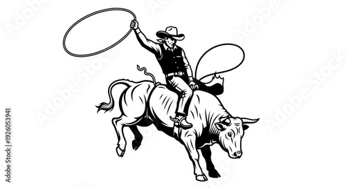 Cowboy riding a bucking bull with a lasso.