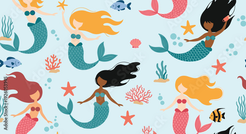 A whimsical seamless pattern of beautiful and diverse mermaids swimming underwater with fish coral and starfish on a light blue background.