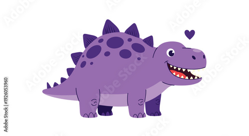 A friendly and smiling purple cartoon stegosaurus dinosaur with a small heart floating above its head on a white background.