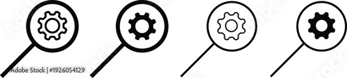 Search Settings Icon Set – Magnifying Glass with Gear Symbol Black Line Icons Isolated on White Background