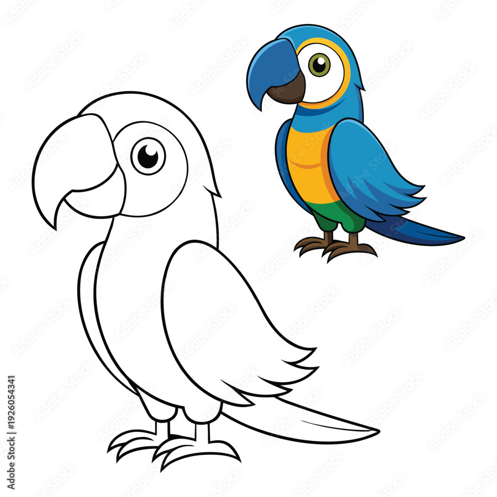 Fototapeta premium Cartoon Parrot Coloring Page – Cute Bird Illustration with Black and White Outline and Colored Version for Kids Creative Learning