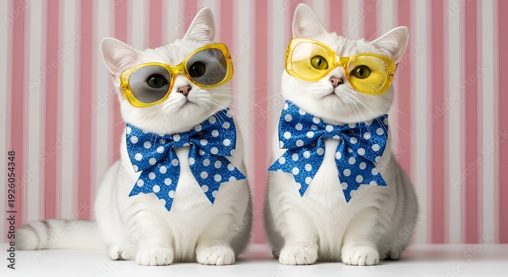 Obraz premium Two adorable white cats wearing oversized yellow sunglasses and sparkly blue polka dot bow ties