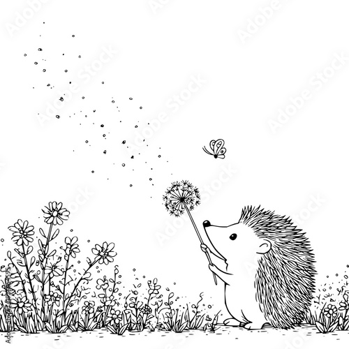 Hedgehog Blowing Dandelion Seeds in Garden