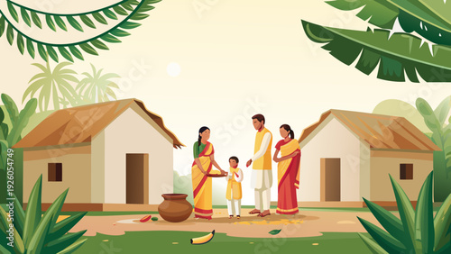 Traditional south indian family standing together in a rural village setting with houses and greenery