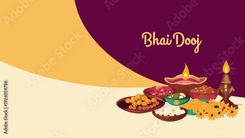 Bhai dooj celebration ritual items with diyas sweets and flowers on a decorative background