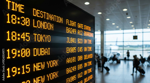 Airport departure board showing international flight destinations with blurred passengers in terminalю.