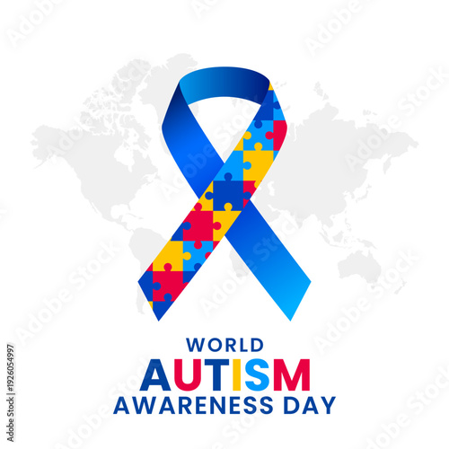 World Autism Awareness Day with ribbons, colorful puzzle pieces. Vector illustration