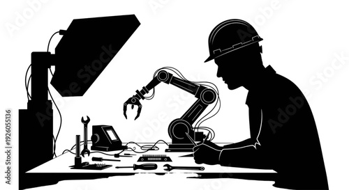 Silhouette of a male engineer in a hard hat working with a robotic arm and tools at a laboratory workbench